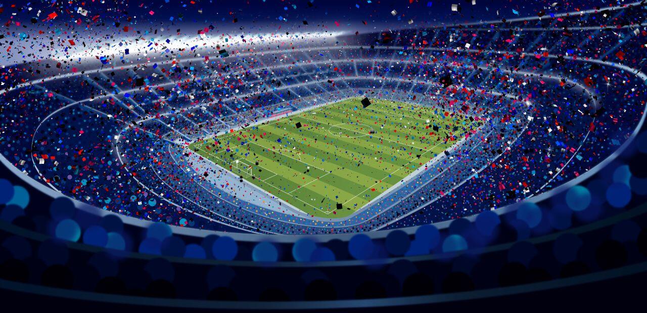A large stadium filled with confetti celebrating over a well-lit football field. The stands are packed with spectators, and the scene is vibrant with multicolored confetti in motion, creating a festive atmosphere.