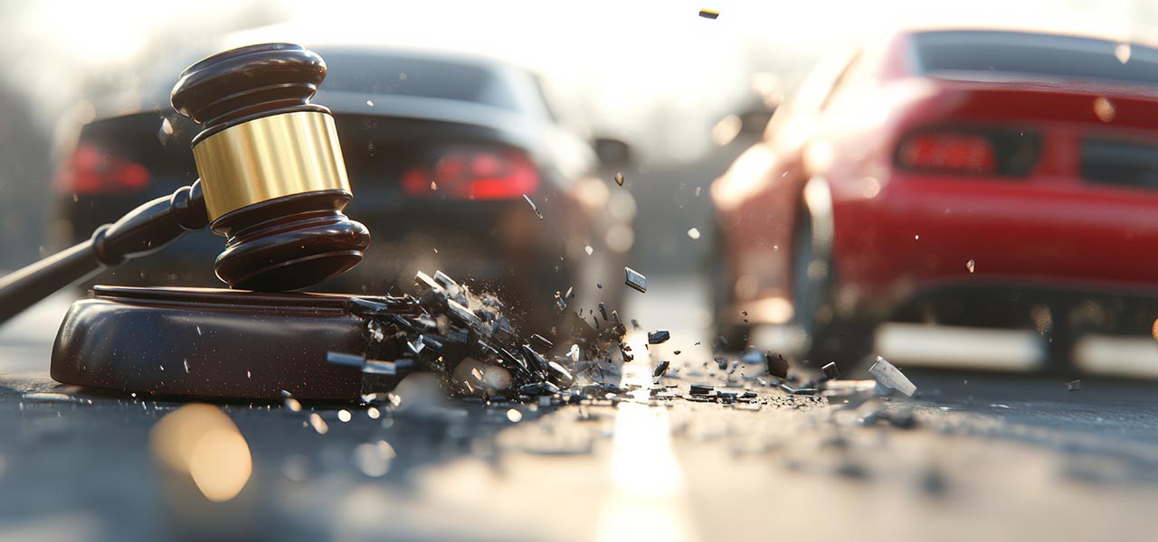 A judge's gavel striking a base, creating debris, is depicted in the foreground. In the background, two cars, one black and one red, are blurred, suggesting motion or a crash. The image symbolizes legal action related to a car accident.