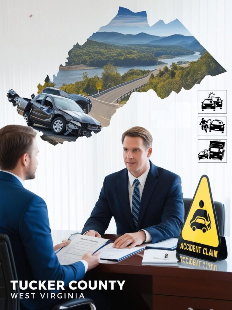 A man in a suit discusses an accident claim with another man in an office. There's a map of Tucker County, West Virginia, showing a scenic road. Icons depict an accident. A caution sign on the desk reads "Accident Claim.