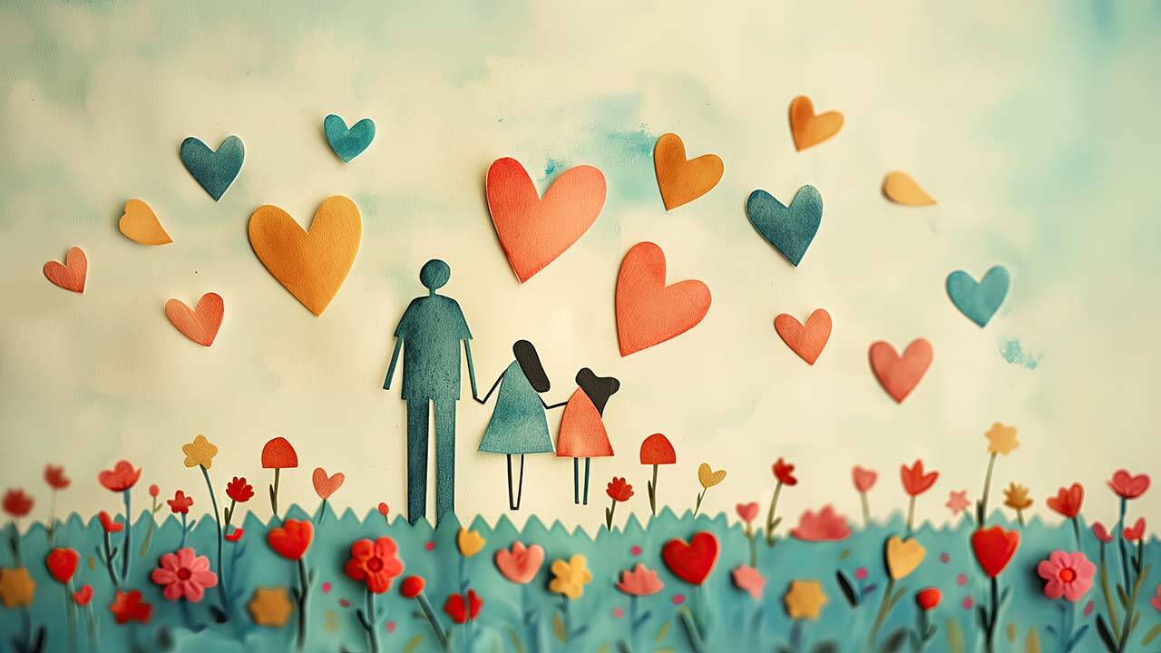 A paper-cut style image shows a family of three—two adults and one child—holding hands among colorful flowers. Vibrant hearts float in the sky, evoking a sense of love and togetherness. The background is a soft blend of blues.