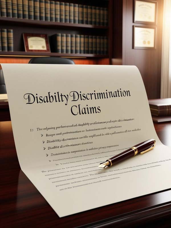 A document titled "Disability Discrimination Claims" on a wooden desk with a pen beside it. The background features bookshelves filled with legal books in a dimly lit office.