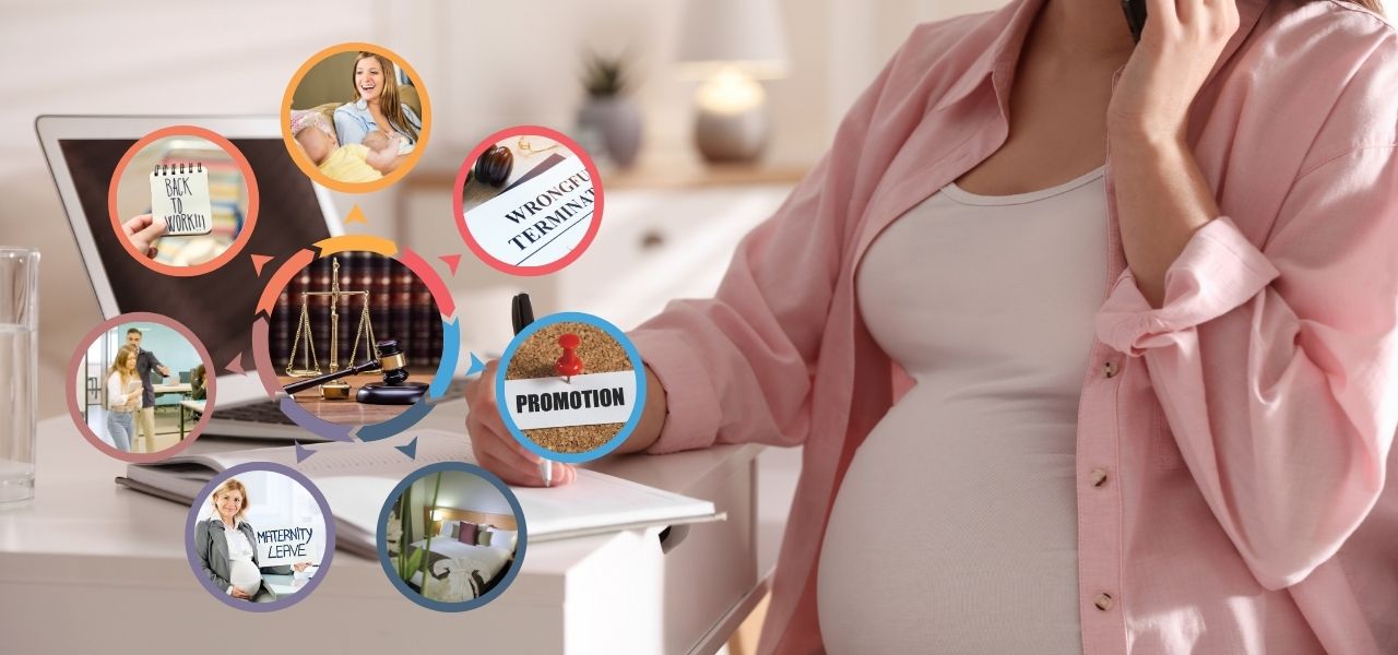 A pregnant person sits at a desk with a laptop, surrounded by circular icons labeled "Bank Fraud," "Wrongful Termination," "Promotion," "Maternity Leave," and "Harassment." The icons represent various workplace issues.