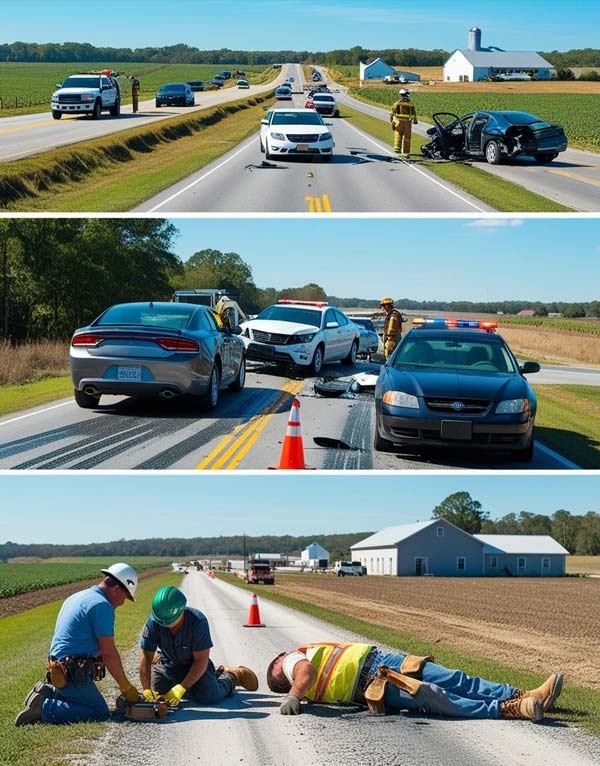 A rural road with two car accidents. Top section shows a white and a black car with police and fire personnel. Middle section highlights damaged vehicles and traffic cones. Bottom section depicts workers inspecting and laying down on a white road.