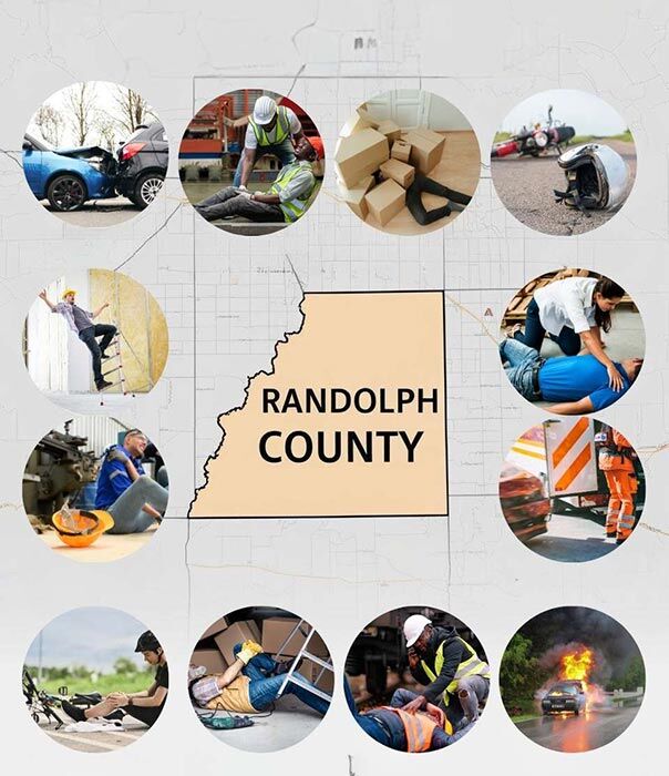 Collage of images depicting workplace and vehicle accidents around a map of Randolph County. Includes scenes of construction incidents, vehicle crashes, and emergency response, highlighting safety and emergency awareness in various contexts.