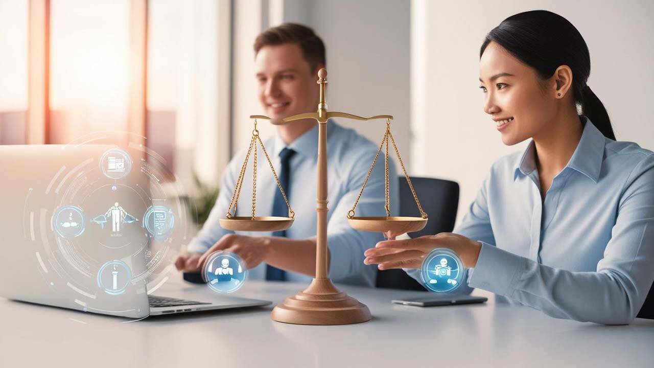 Two professionals in an office setting, one male, one female, look at a laptop. A digital illustration of scales of justice and various icons are superimposed on the image, symbolizing legal and technological concepts.