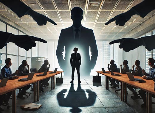 A person stands confidently in a boardroom, backlit and casting an imposing shadow. Silhouetted hands point accusatorily at them from the corners. Seated individuals on both sides observe, creating a tense atmosphere.