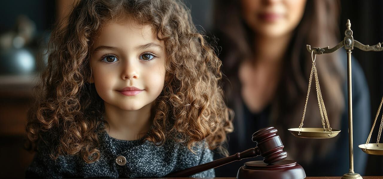 A young girl with curly hair smiles in front of a gavel and scales of justice on a desk. An adult is partially visible in the background. The setting appears to be a courtroom or legal office. A young girl with curly hair smiles in front of a gavel and scales of justice on a desk. An adult is partially visible in the background. The setting appears to be a courtroom or legal office.
