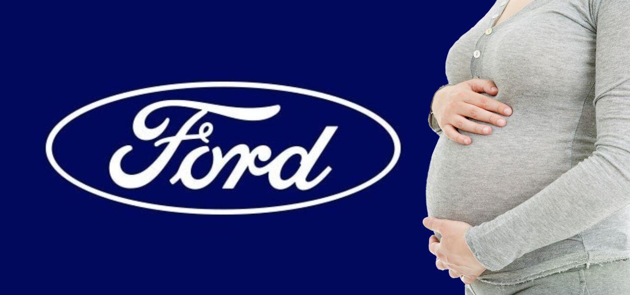 A pregnant woman in a gray shirt holds her belly on the right side of the image. A large Ford logo is displayed on a dark blue background on the left side.