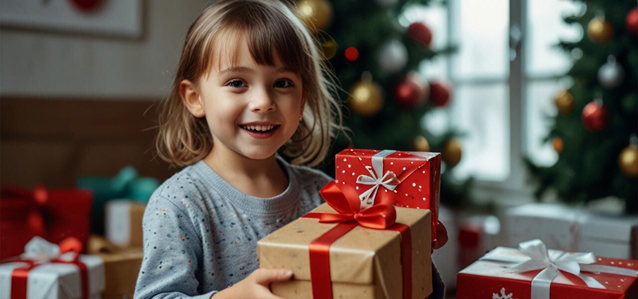 A cheerful child with short brown hair holds a stack of colorful, wrapped gifts in a festive room with a decorated Christmas tree in the background. The child is wearing a gray sweater and smiling excitedly.