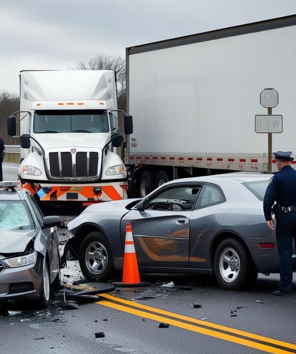 A multi-vehicle accident scene on a highway features a damaged car with a traffic cone in front of it, a police officer on the right, and a large truck parked in the background. Debris is scattered on the road. A multi-vehicle accident scene on a highway features a damaged car with a traffic cone in front of it, a police officer on the right, and a large truck parked in the background. Debris is scattered on the road.