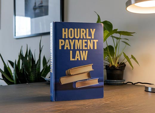 A book titled "Hourly Payment Law" stands upright on a wooden desk. In the background, there are potted plants, a black-framed photo, and a lit desk lamp.