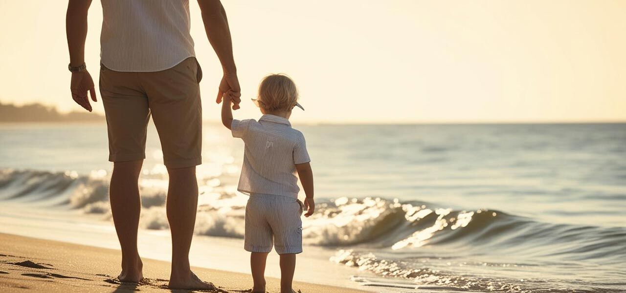 A man and a small child holding hands, walking along a sandy beach at sunset. The ocean waves gently lap at the shore, and both are wearing light, casual summer clothing. The scene conveys a peaceful, serene moment.