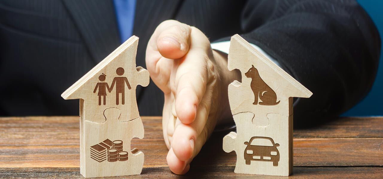 A person in a suit separates two house-shaped wooden puzzle pieces. On the left, symbols of a couple and money; on the right, a dog and a car. Represents division of assets, possibly during a divorce or separation.