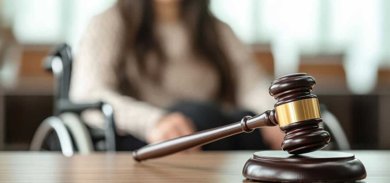 A wooden gavel rests on a table in focus, with a blurred background showing a person in a wheelchair wearing a light-colored sweater. A wooden gavel rests on a table in focus, with a blurred background showing a person in a wheelchair wearing a light-colored sweater.