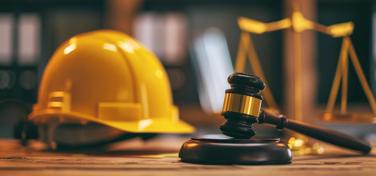 A yellow construction helmet, a gavel, and a set of scales are placed on a wooden table in a dimly lit room, symbolizing the intersection of construction, law, and justice. A yellow construction helmet, a gavel, and a set of scales are placed on a wooden table in a dimly lit room, symbolizing the intersection of construction, law, and justice.
