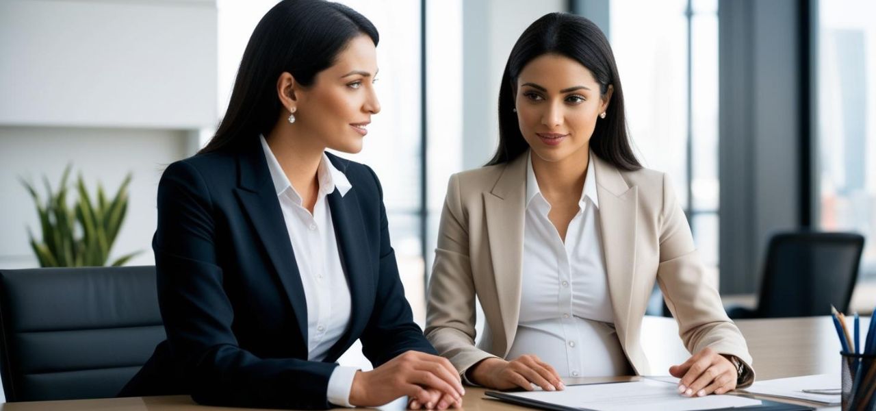 Two women in business attire sit at a modern office table, engaged in conversation. Both are wearing white blouses, one with a black jacket and the other with a beige jacket. Papers are laid out in front of them, with large windows in the background.