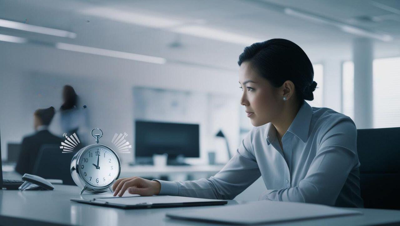 A woman in a white blouse sits at an office desk, focused on her work. A silver alarm clock is in the foreground, symbolizing time management. The modern office has a bright, minimalist design with computers and blurred background figures.