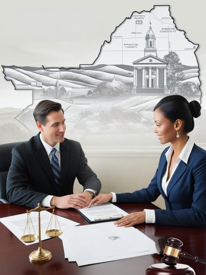 A man and a woman in business attire are seated at a desk, engaged in a discussion with documents and a gavel. Behind them, a map and illustration of a courthouse are displayed on the wall.