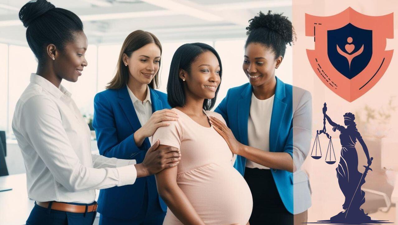 Four women in business attire supporting a pregnant woman in an office setting. They appear positive and encouraging. In the foreground, there are symbols: a shield with a person and a scale of justice, representing protection and fairness.