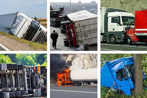 A collage of six images showing various truck accidents: a tilted truck in a ditch, a truck tipped on its side, a rear-ended truck, an overturned truck, a truck on fire, and a truck crashed into a tree.