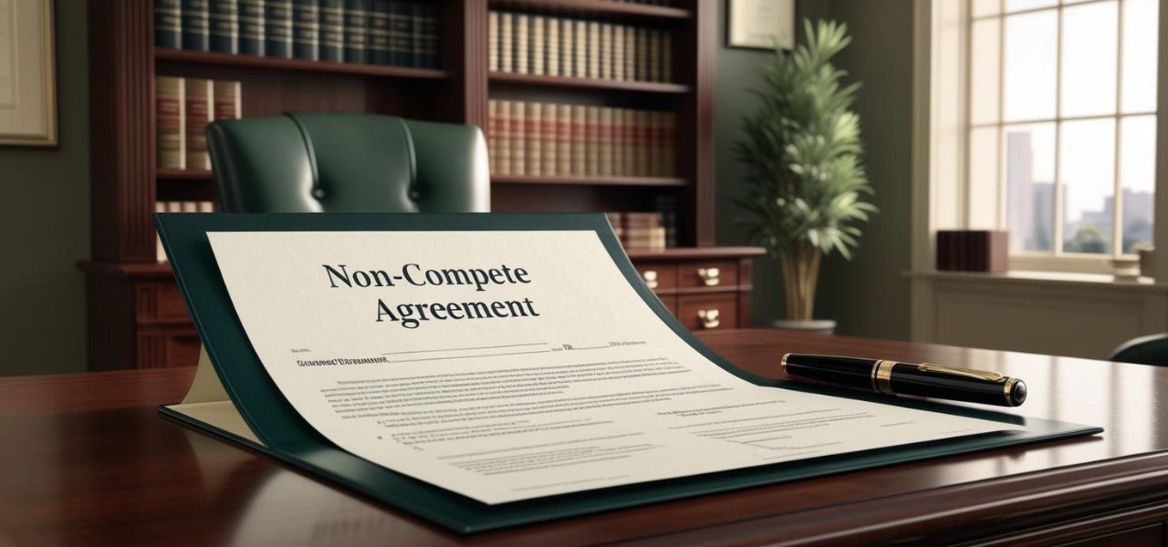 A non-compete agreement is open on a wooden desk, with a pen placed beside it. The background features a leather chair, a bookshelf filled with legal books, and a large window showcasing a blurred cityscape and potted plant.