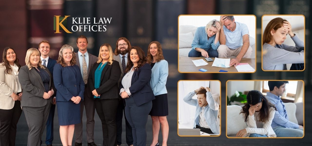 Group of ten lawyers posing together. To the right, three images show people in stressful situations: a couple reviewing documents, a frustrated man at a desk, and a woman with her head in her hands at a table.