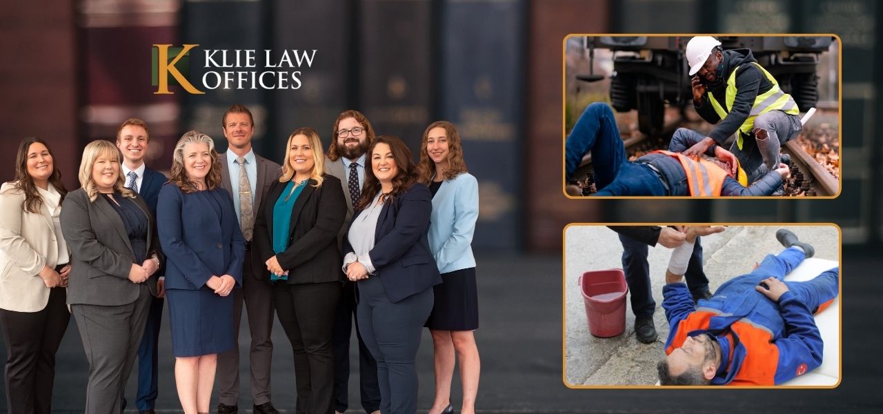 A group of nine professionals in formal attire standing together, representing Klie Law Offices. On the right, two images show workers in safety gear receiving assistance at a construction site.