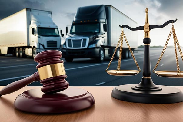 A gavel and justice scales rest on a table, with two large trucks on a highway in the background, symbolizing legal issues related to transportation or trucking.