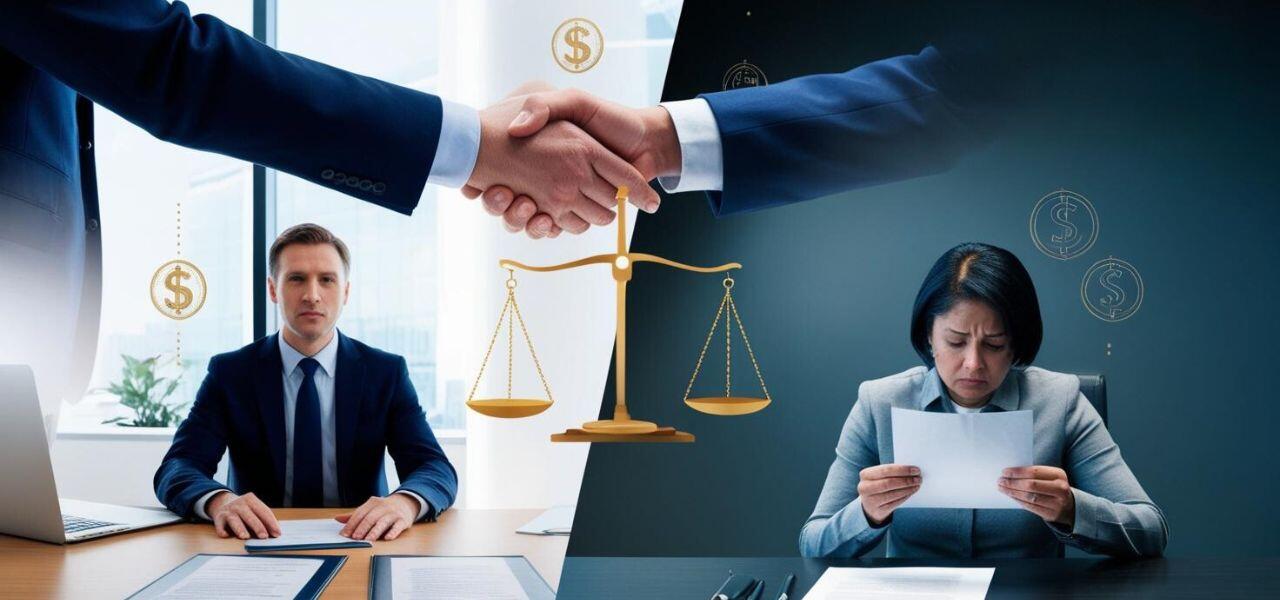 A split-screen image showing a handshake over scales of justice. On the left, a man in a suit sits confidently at a table. On the right, a woman in a suit looks worriedly at a document. Dollar symbols are visible in the background.
