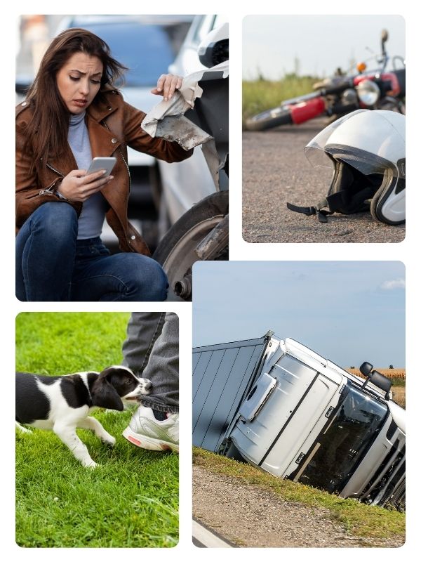 A collage of four images: a concerned woman looking at her phone by a damaged car, a fallen motorcycle with a helmet nearby, a playful puppy tugging at a person's shoelace, and a tipped-over truck in a ditch.