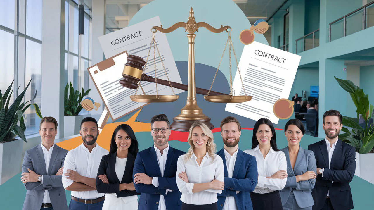 A group of professionally dressed people stand smiling with arms crossed. Behind them are oversized elements of a legal theme: contracts, a gavel, and scales of justice. The background features an office setting with plants and desks.