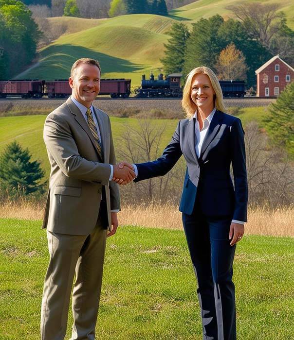 A man and a woman in business attire shake hands outdoors on a grassy field, with a train and a red brick building in the background. Trees and rolling hills are visible under a clear sky. A man and a woman in business attire shake hands outdoors on a grassy field, with a train and a red brick building in the background. Trees and rolling hills are visible under a clear sky.