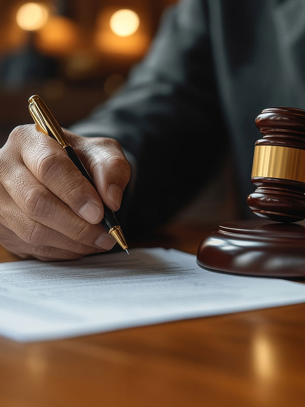 Close-up of a person's hand holding a pen, writing on a document. A wooden judge's gavel rests on the table, suggesting a legal or courtroom setting. The background is softly blurred, focusing on the action of writing.