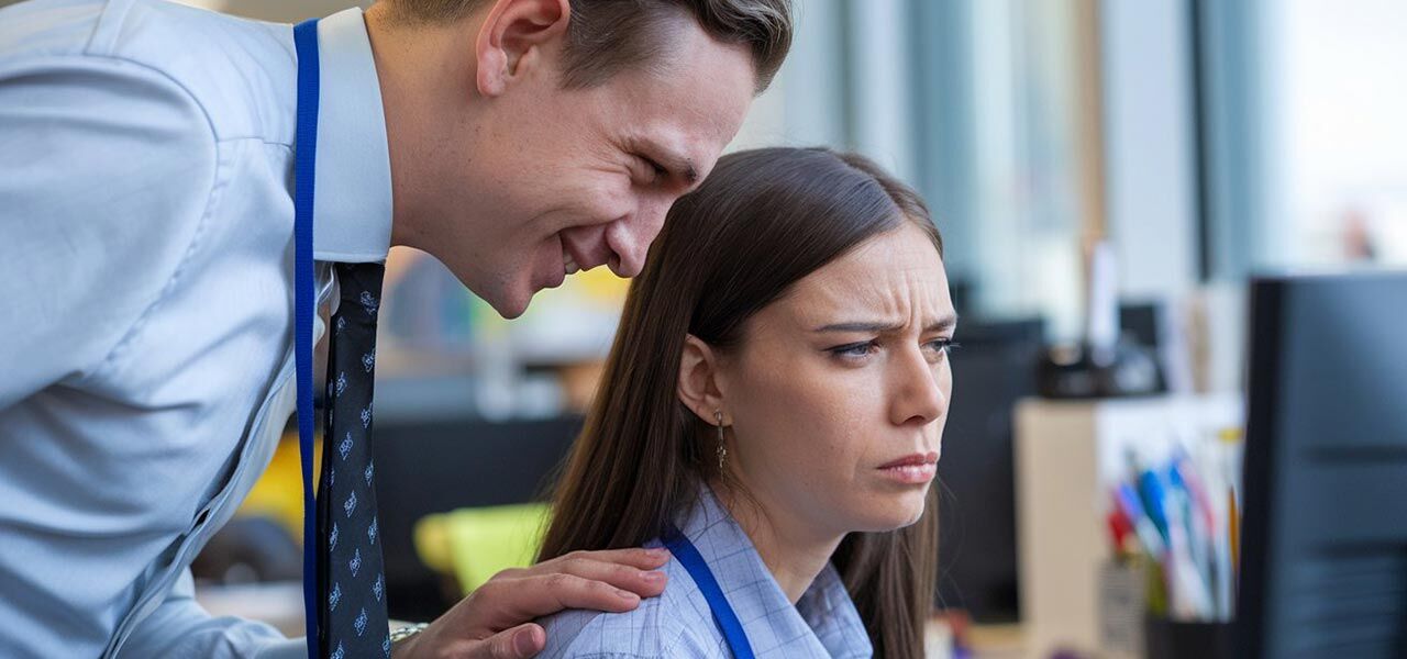 A man in a blue tie leans over a woman working at a computer. The woman appears focused or concerned. They are in an office setting, with pens and a window in the background.