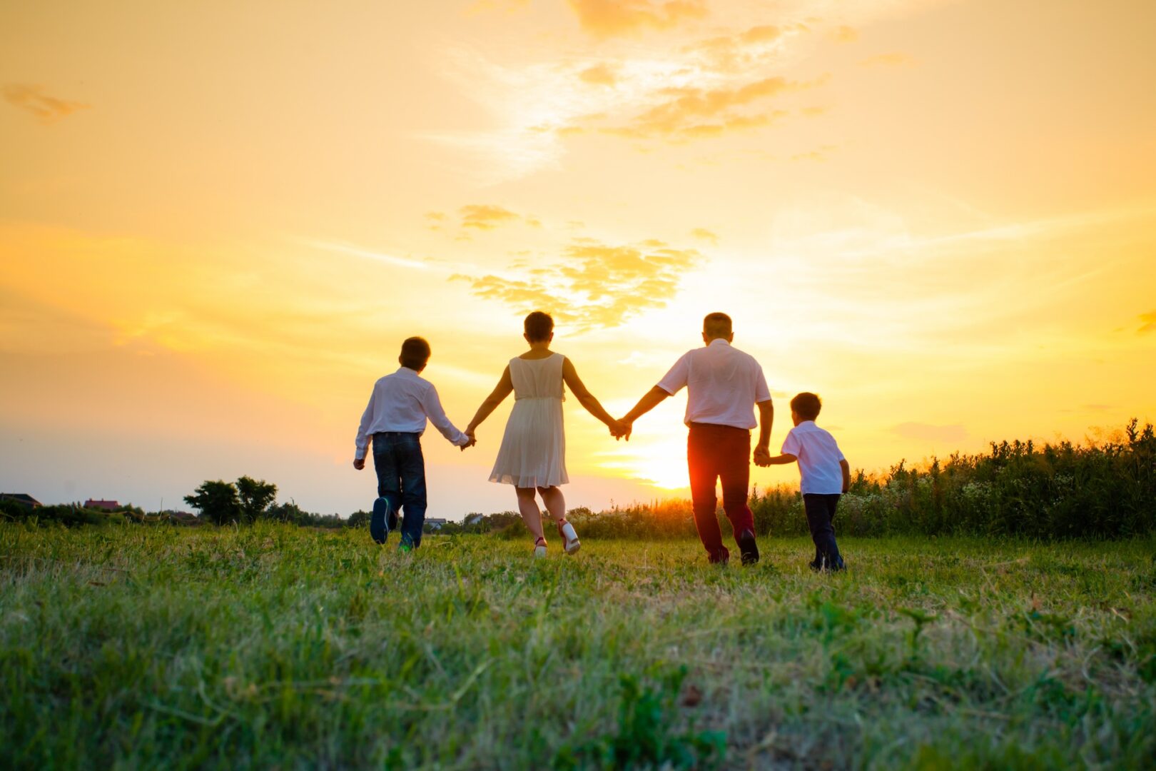 A family of four holds hands while walking in a grassy field. The sun sets in the background, casting a warm, golden glow across the sky. Two adults and two children, dressed casually, are seen from behind, enjoying the peaceful evening.