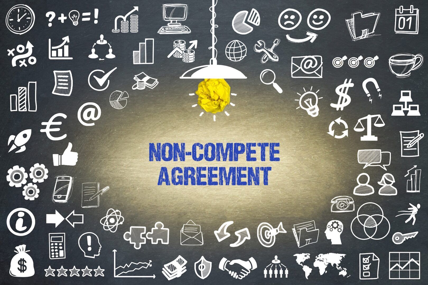 The image features the term "Non-Compete Agreement" in blue on a textured background under a hanging lightbulb. Surrounding are various icons symbolizing business and communication, such as graphs, gears, money, and email symbols.