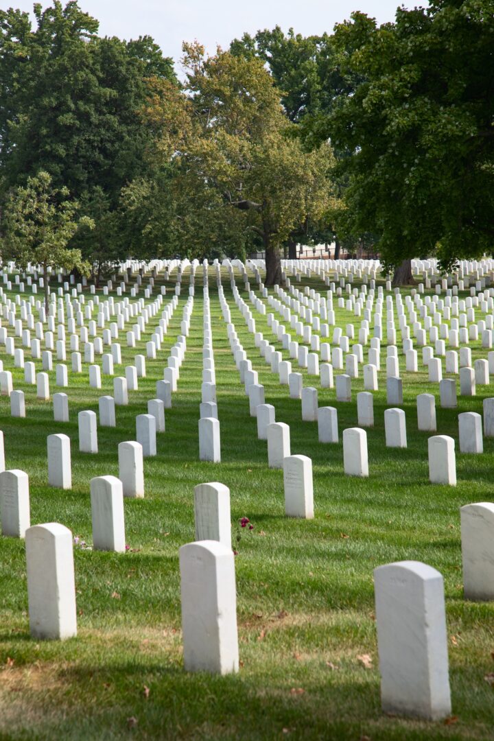 Rows of white headstones stretch across a green, grassy cemetery, creating a solemn, orderly pattern. Tall trees provide shade in the background under a partly cloudy sky. Rows of white headstones stretch across a green, grassy cemetery, creating a solemn, orderly pattern. Tall trees provide shade in the background under a partly cloudy sky.