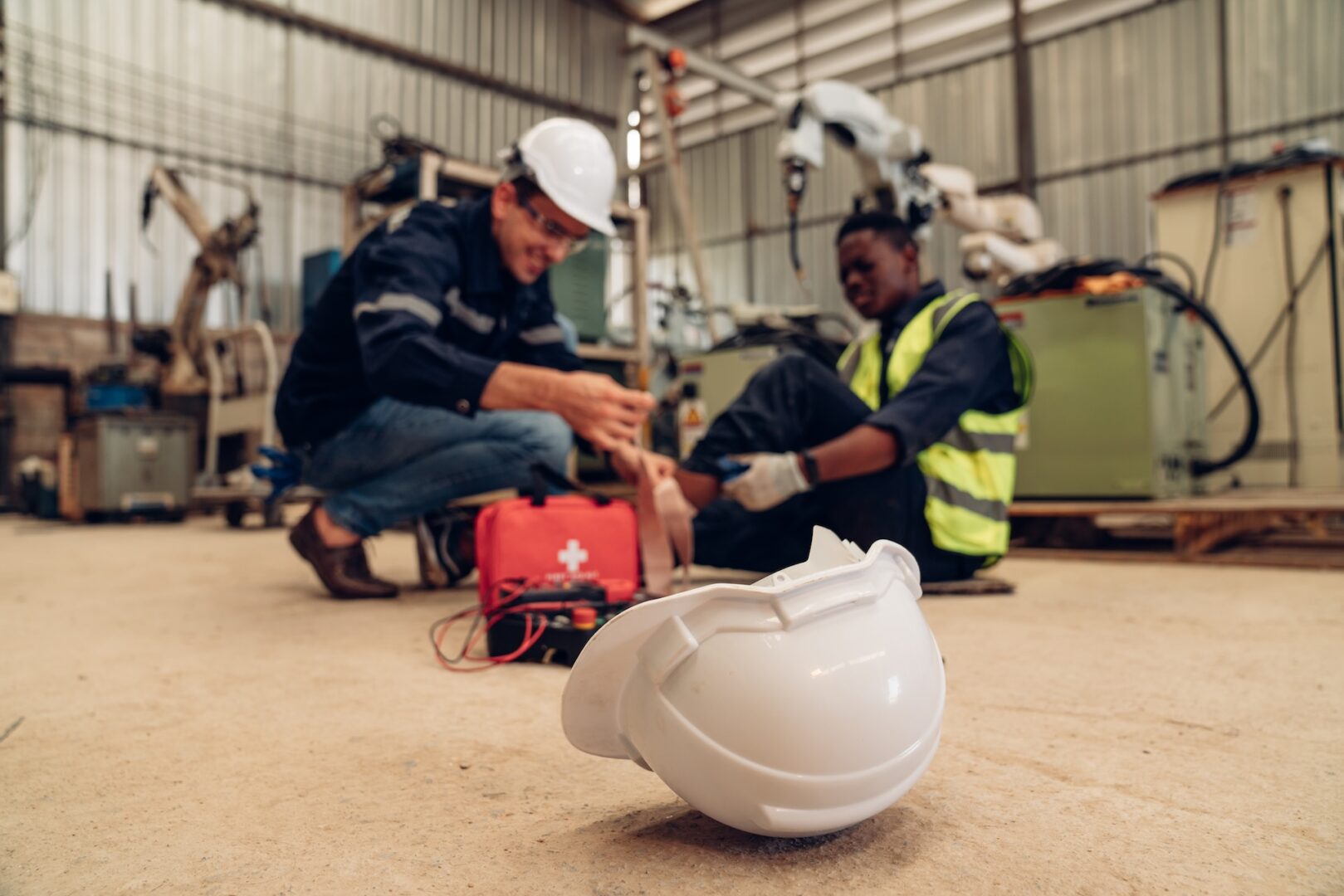 A white hard hat lies on the floor as two workers in safety gear, one kneeling with a first aid kit, assist an injured colleague inside an industrial workshop.