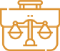 An orange line drawing of a briefcase with a balanced scale symbol in front, representing law, justice, or legal services.