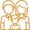 Simple orange outline icon of three people, representing a family. Two larger figures are behind a smaller figure, suggesting two parents with a child in front.