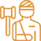 An orange outline icon of an injured person wearing a sling on their arm, with a judge's gavel beside them, symbolizing a personal injury or legal case related to injury.