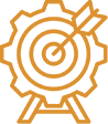 Orange outline icon of a target with an arrow hitting the bullseye, placed on a stand, symbolizing accuracy or achieving goals.