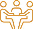 An orange line drawing of three people sitting around a table, suggesting a meeting or group discussion.