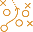 Orange diagram with circles and Xs connected by a curved arrow and dashed line, resembling a sports play or strategy plan on a light background.