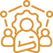 Orange line drawing of a central figure with a gear behind them, surrounded by three other figures connected by lines, representing teamwork, collaboration, or leadership.