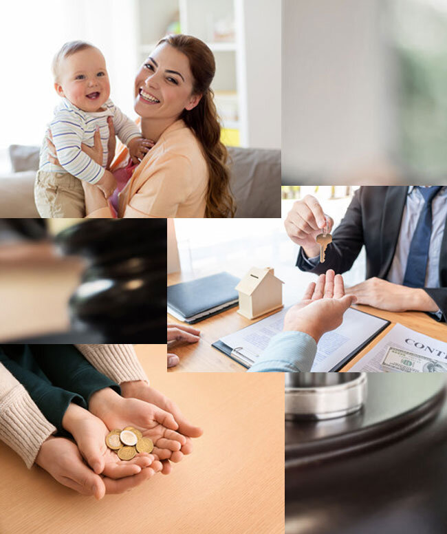 A smiling woman holds a baby; hands exchange house keys and coins; a small house model, documents, and a gavel appear, symbolizing family, home, finances, and legal matters.