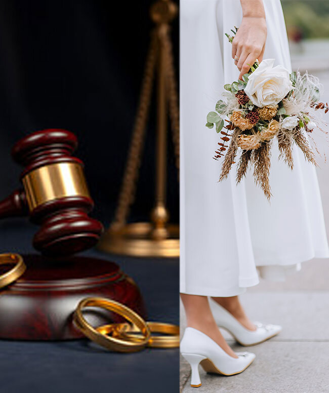 A split image: on the left, a judge’s gavel with wedding rings and scales of justice; on the right, a bride in a white dress and heels holding a bouquet of flowers.