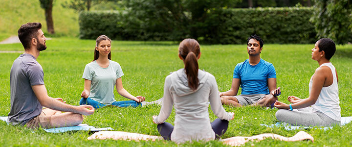 Five people sit cross-legged on yoga mats in a grassy park, meditating with eyes closed and hands resting on their knees. Trees and hedges are visible in the background.
