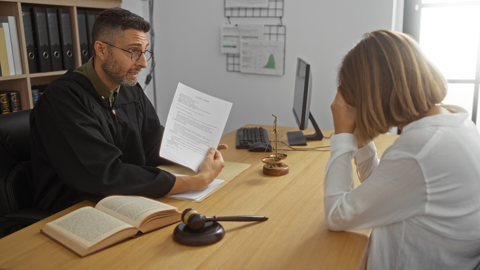 A judge in a robe shows legal documents to a woman sitting across a desk, who holds her head in her hand, appearing stressed. Legal books, a gavel, and scales of justice are on the desk.
