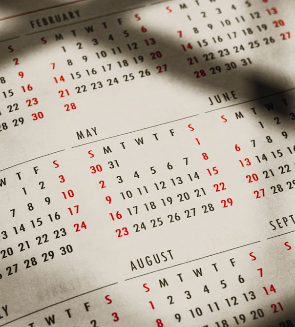 A close-up of a calendar page, showing the months February, May, June, and August. Dates are printed in black, with Sundays and holidays highlighted in red. Some shadows fall across the calendar.